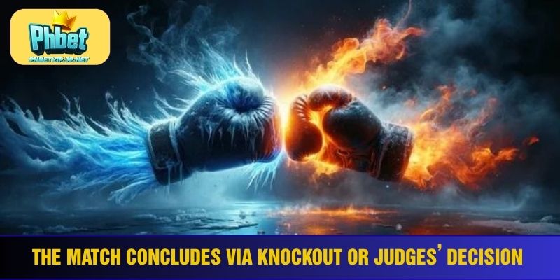 The match concludes via knockout or judges’ decision 